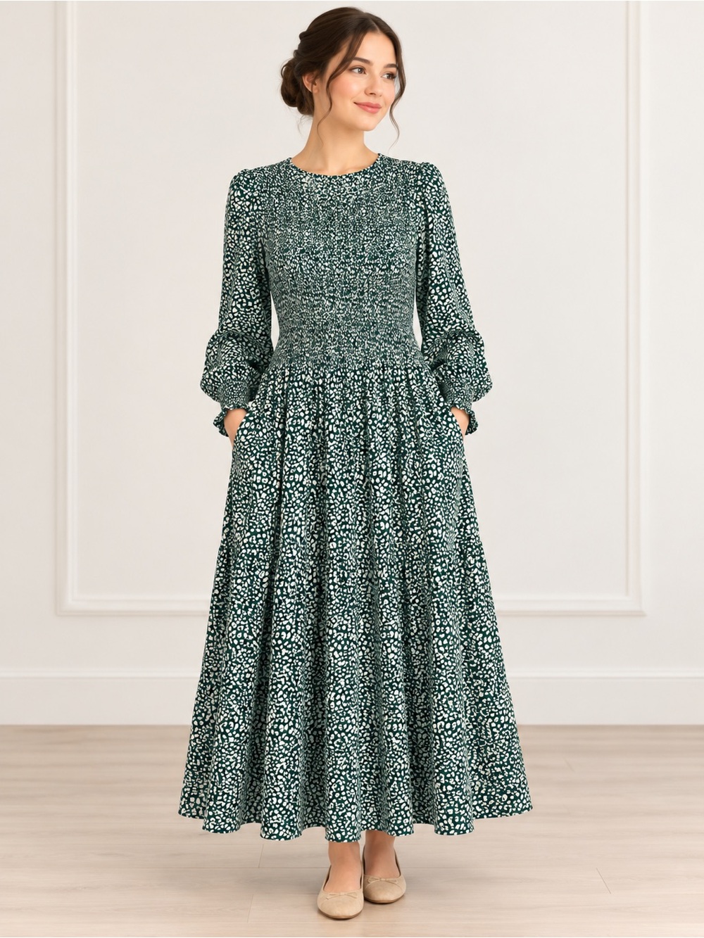 Teal Animal Print Smocked Long Sleeve Modest Maxi Dress Pockets XXL
